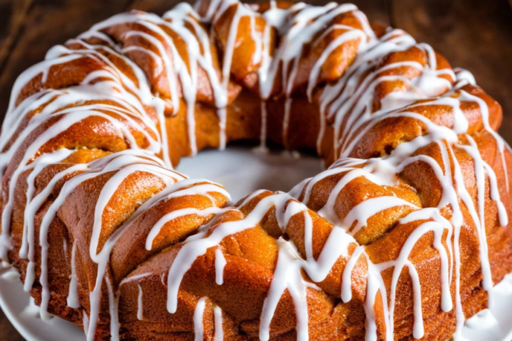 Close-up of Mini Cinnamon Roll Monkey Bread drizzled with icing, showing its gooey and soft texture, perfect for breakfast or dessert.