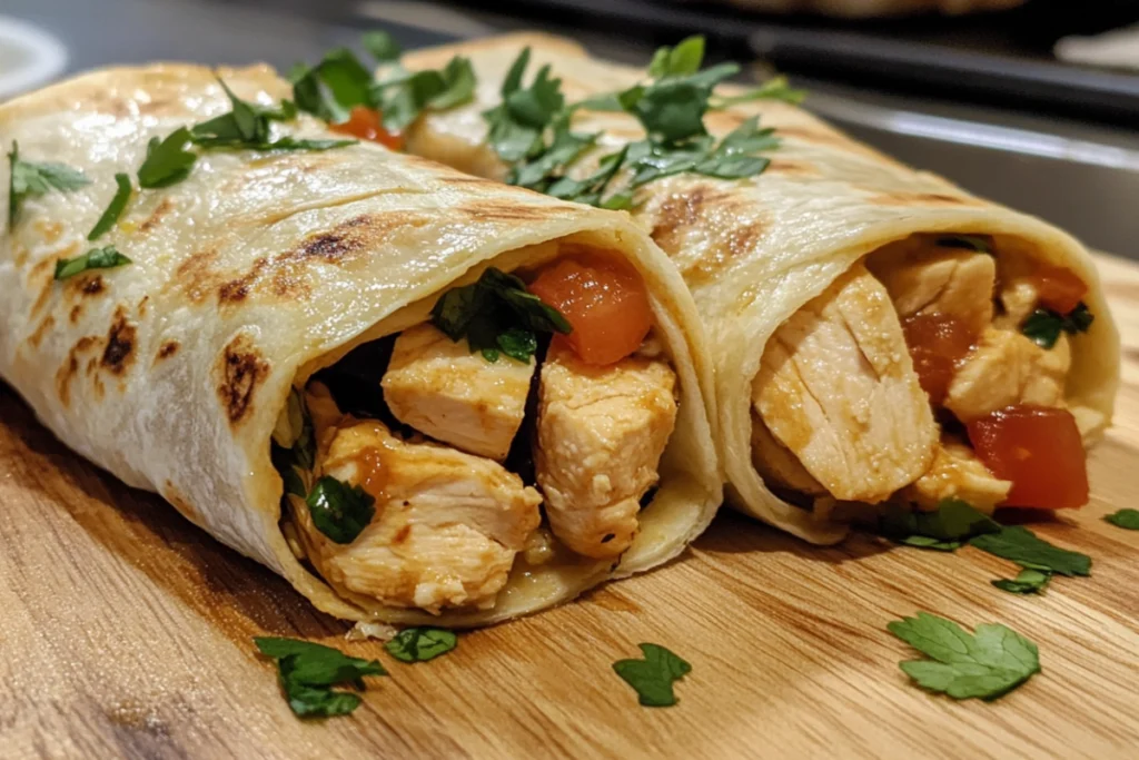 Fresh chicken wrap with low-moisture vegetables and grilled chicken, tightly rolled to prevent sogginess.