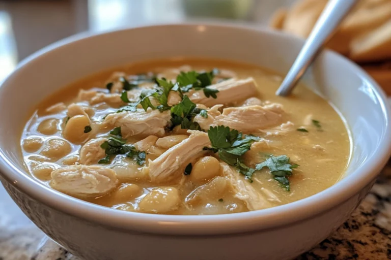 A bowl of creamy crockpot white chicken chili topped with cilantro and lime