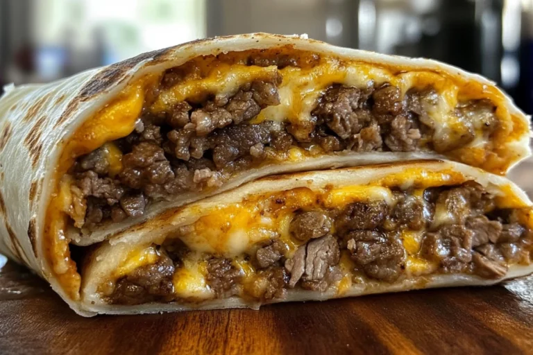 Beef and cheese crunch wrap with crispy tortilla and melted cheese inside.