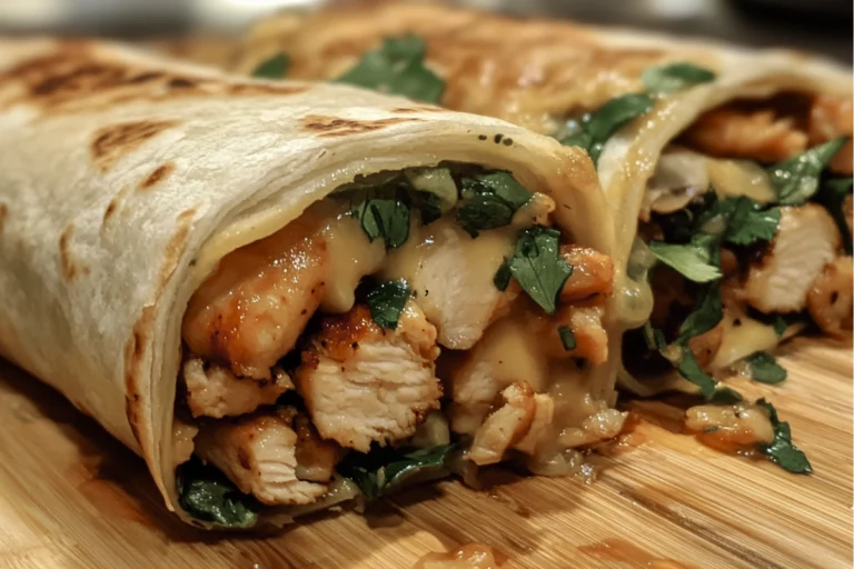 Cheesy garlic chicken wraps with melted cheese, tender chicken, and fresh veggies wrapped in a soft tortilla.