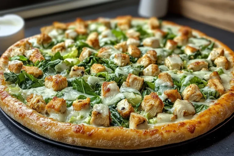 Low-carb Chicken Crust Caesar Salad Pizza with Caesar salad topping.