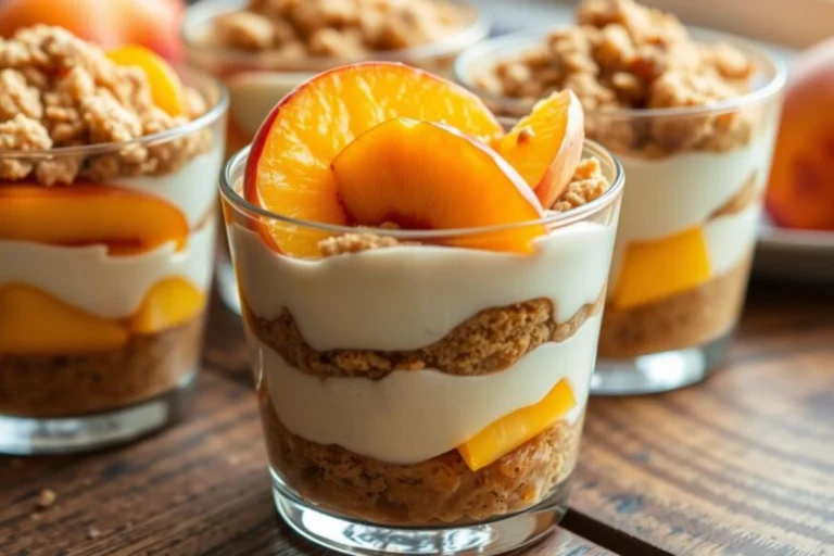 Mini peach cobbler cheesecake cups with graham cracker crust and caramelized peach topping