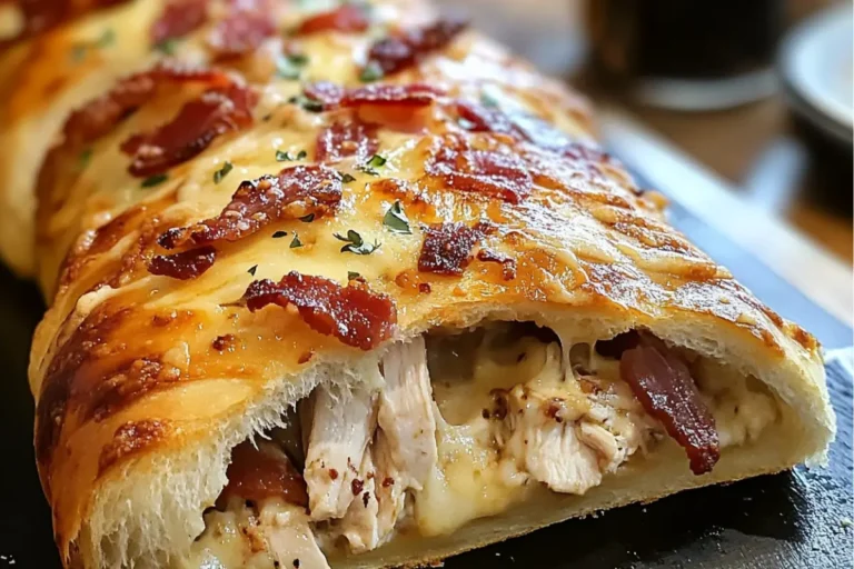 Chicken Bacon Ranch Stromboli with crispy bacon and gooey cheese wrapped in a golden crust.