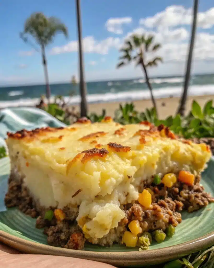 Close-up of Shepherd’s Pie with golden mashed potato topping and savory meat filling