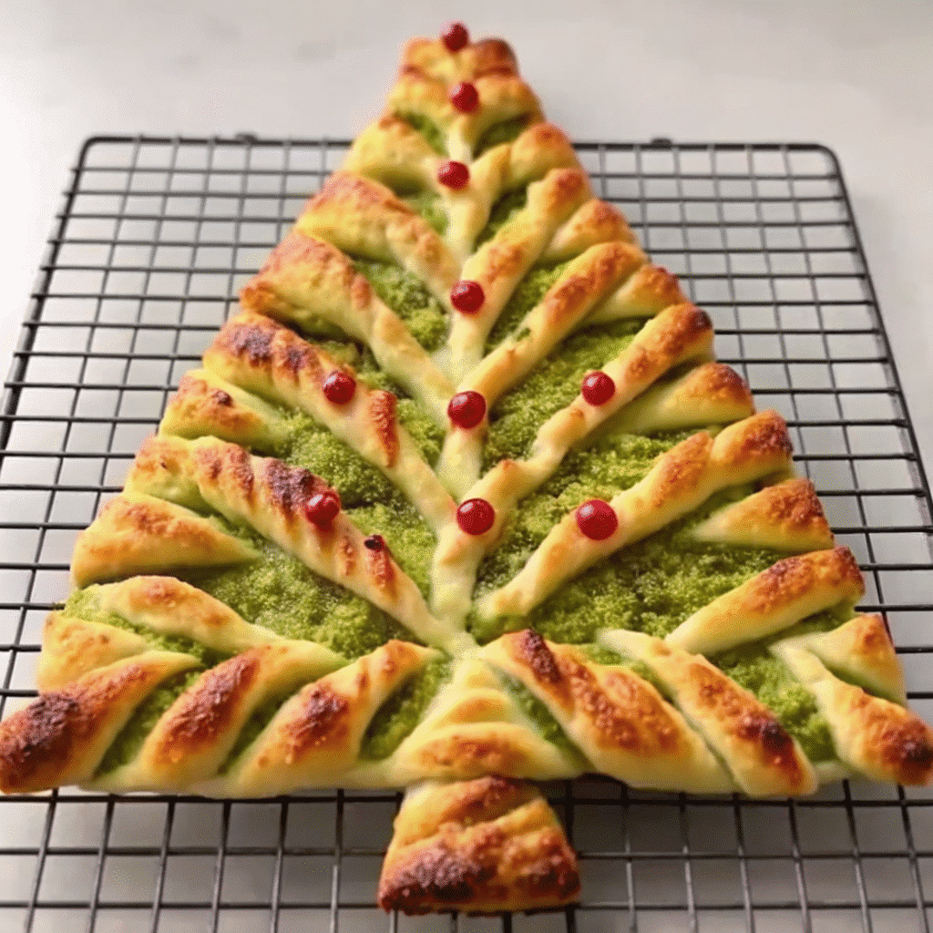 Cheese Twist Christmas Tree appetizer with golden puff pastry and melted cheese, styled as a festive holiday dish