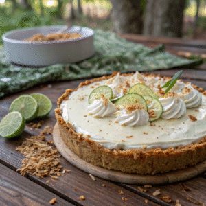 Homemade Key Lime Cream Pie with whipped cream and coconut